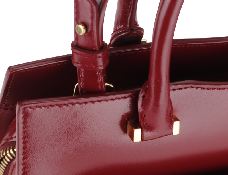 YSL SMALL UPTOWN MAROON BOX LEATHER TOTE, GOLD HARDWARE, WITH STRAP, CARD & DUST COVER