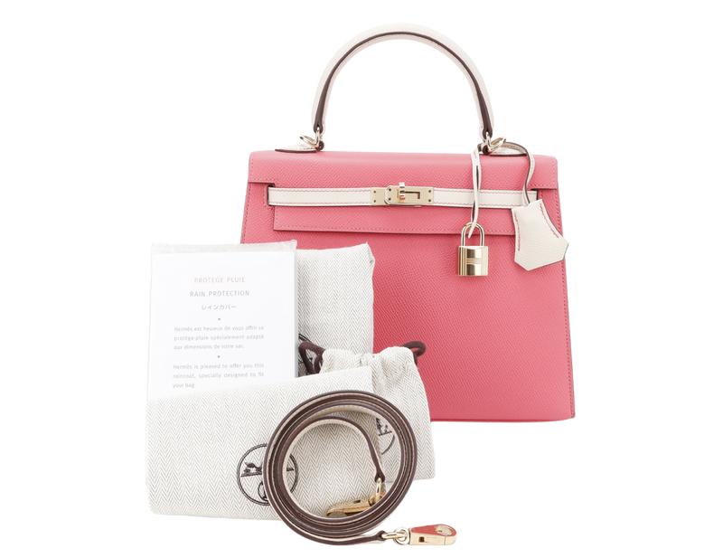 HERMES KELLY 25 HSS STAMP C (YEAR 2018) ROSE AZALEE & CRAIE EPSOM LEATHER LIGHT GOLD HARDWARE WITH STRAP, KEYS, LOCK AND DUST COVER