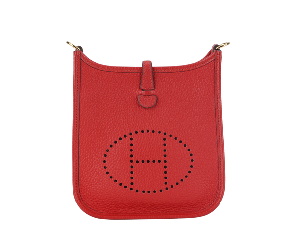 HERMES MINI EVELYNE TPM ROUGE PIVOINE CLEMENCE STAMP Y (2020) GOLD HARDWARE WITH STRAPS AND DUST COVER