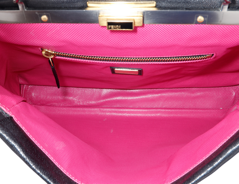Fendi Peekaboo, Large width 40cm, Black Color Goatskin, Pink Color Inner Lining