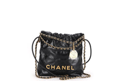 CHANEL AS3890 22 MINI HANDBAG (JE8Hxxxx) BLACK LEATHER GOLD HARDWARE & CHAIN, WITH DUST COVER & BOX