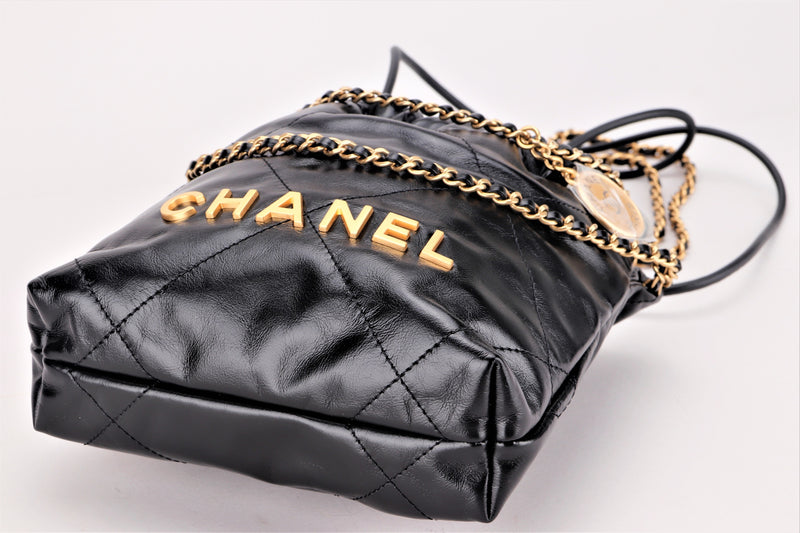 CHANEL AS3890 22 MINI HANDBAG (JE8Hxxxx) BLACK LEATHER GOLD HARDWARE & CHAIN, WITH DUST COVER & BOX