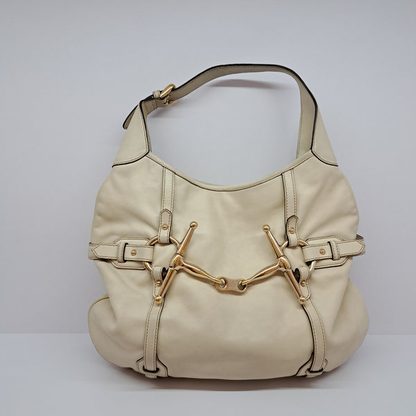 GUCCI 162859 493492 HORSEBIT HOBO LARGE CREME LEATHER GHW, NDC AND CARD