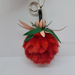 FENDI STRAWBERRY SHAPE RED FUR GREEN LEATHER BAG CHARM