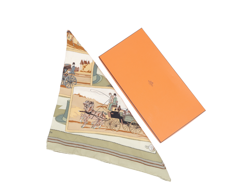 HERMES CARRE 90 CARRIAGE SCARF GREEN SILK WITH BOX