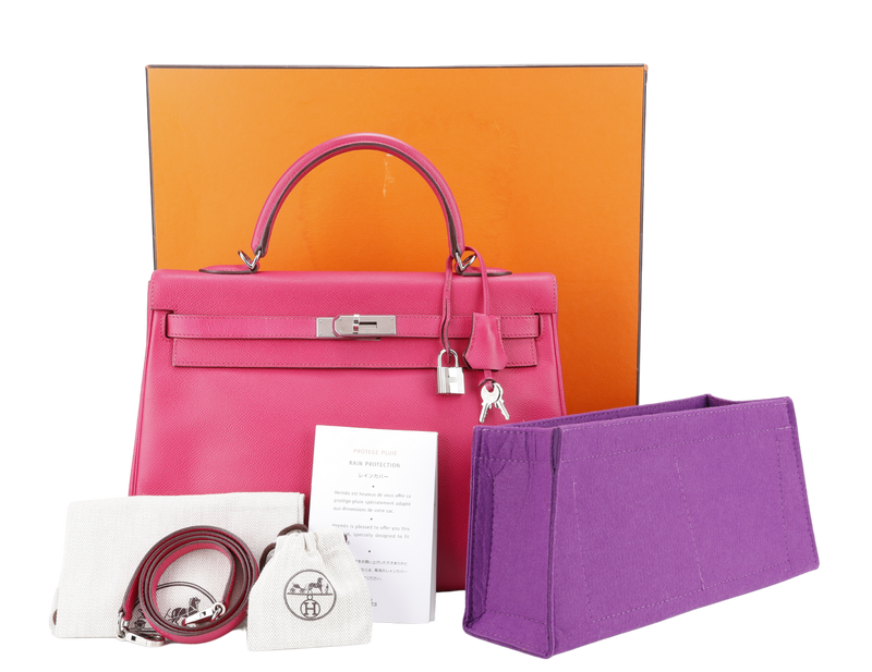 HERMES KELLY 35 VERSO ROSE TYRIEN x ROUGE H INTERIOR EPSOM LEATHER SILVER HARDWARE STAMP N (YEAR 2010) WITH STRAPS, KEY&LOCK, RAINCOAT, ORGANISER AND BOX (NO DUST COVER)