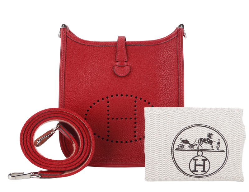 HERMES MINI EVELYNE TPM ROUGE CASAQUE CLEMENCE SILVER HARDWARE STAMP Q (2013) WITH STRAPS AND DUST COVER