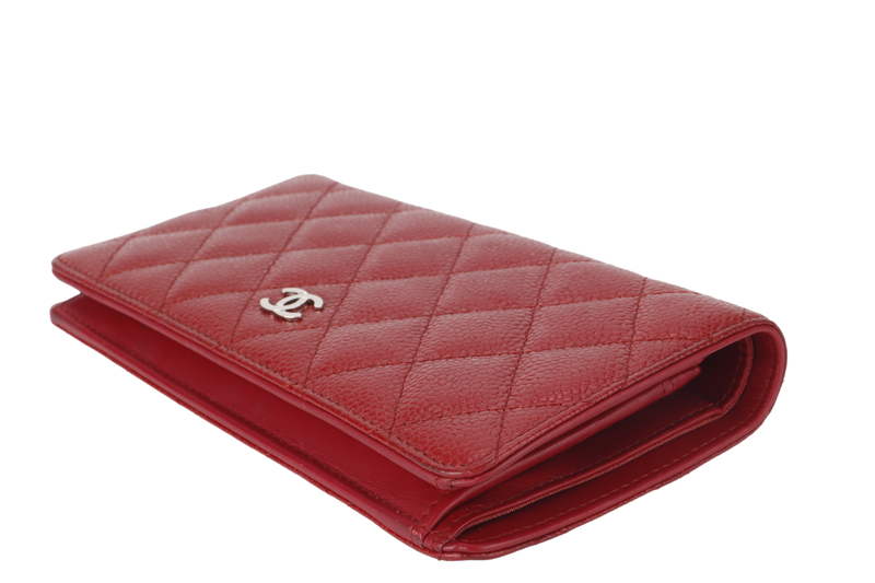 CHANEL WALLET QUILTED YEN BURGUNDY RED (2125xxxx) SILVER HARDWARE WITH CARD