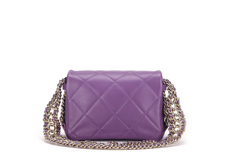 CHANEL MINI FLAP PURPLE LAMBSKIN SHOULDER BAG (N8P5xxxx) THREEFOLD CHAINS GOLD HARDWARE, WITH DUST COVER, NO CARD