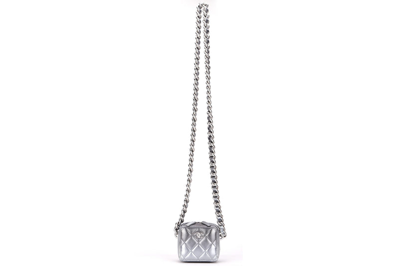CHANEL COCO PUNK CLUTCH WITH CHAIN (3177xxxx) METALLIC SILVER GRAY LAMBSKIN SILVER HARDWARE, WITH CARD & DUST COVER