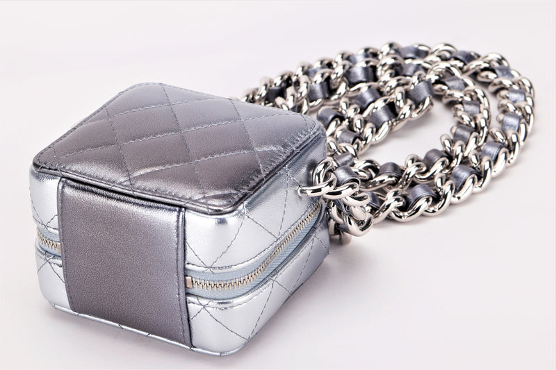 CHANEL COCO PUNK CLUTCH WITH CHAIN (3177xxxx) METALLIC SILVER GRAY LAMBSKIN  SILVER HARDWARE, WITH CARD & DUST COVER