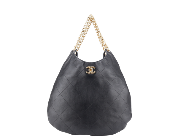 CHANEL CHAIN HOBO BLACK CALFSKIN GOLD HARDWARE (JNLCxxxx) WITH DUST COVER AND PAPER BAG