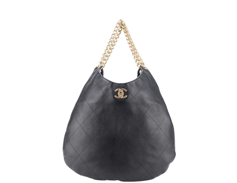 CHANEL CHAIN HOBO BLACK CALFSKIN GOLD HARDWARE (JNLCxxxx) WITH DUST COVER AND PAPER BAG