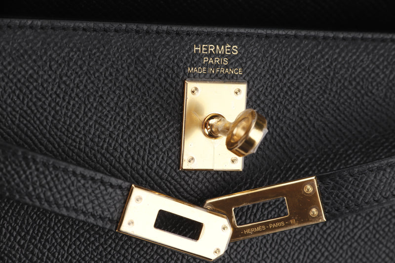 HERMES KELLY 25CM SELLIER (STAMP B) BLACK EPSOM LEATHER, GOLD HARDWARE, WITH LOCK, KEYS, STRAP, RAINCOAT, DUST COVER & BOX
