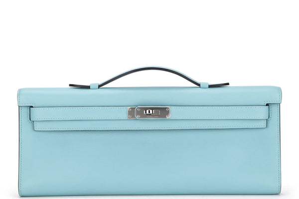 HERMES KELLY CUT 31CM (STAMP X) BLUE ATOLL SWIFT LEATHER SILVER HARDWARE, WITH DUST COVER & BOX