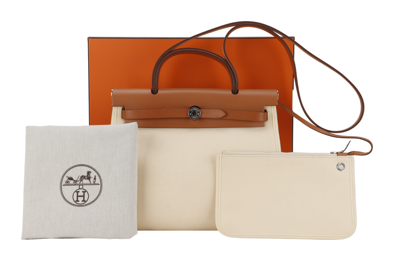 HERMES HERBAG 31 VANILLE TOILE OFFICER & NATURE HUNTER LEATHER SILVER HARDWARE WITH DUST COVER AND BOX