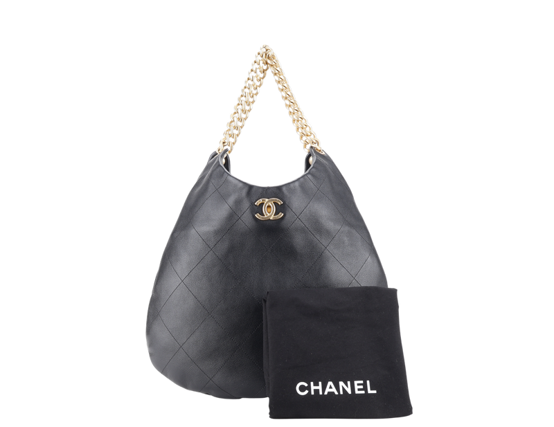CHANEL CHAIN HOBO BLACK CALFSKIN GOLD HARDWARE (JNLCxxxx) WITH DUST COVER AND PAPER BAG