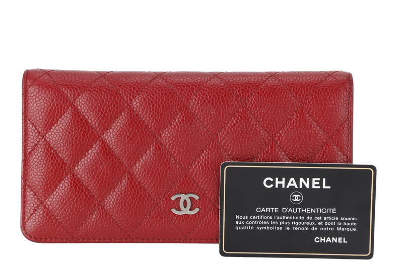 CHANEL WALLET QUILTED YEN BURGUNDY RED (2125xxxx) SILVER HARDWARE WITH CARD