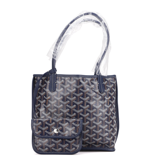 goyard anjou mini tote bag navy leather & navy canvas, with dust cover