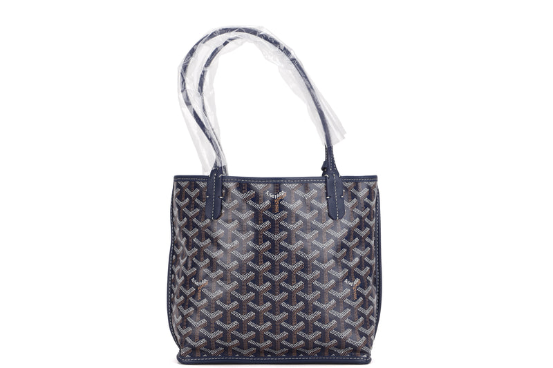 GOYARD ANJOU MINI TOTE BAG NAVY LEATHER & NAVY CANVAS, WITH DUST COVER