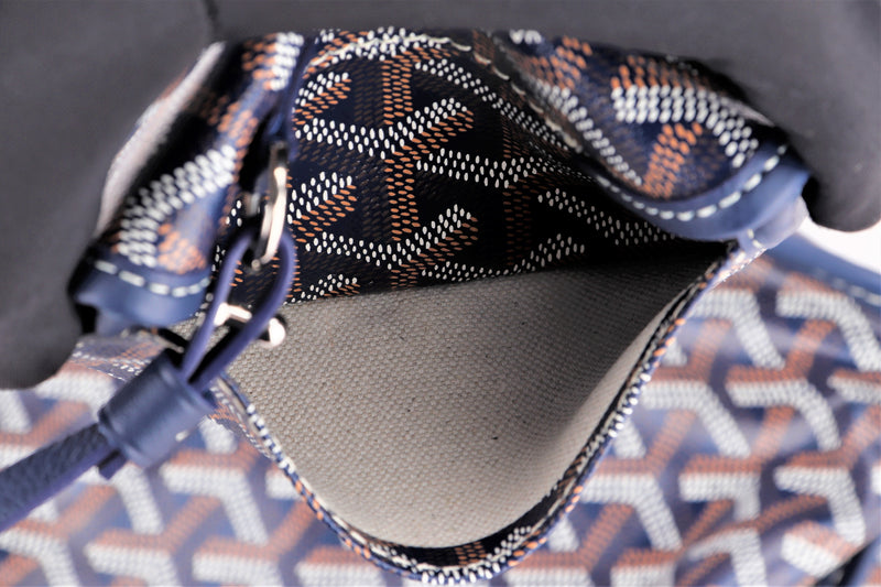 goyard anjou mini tote bag navy leather & navy canvas, with dust
