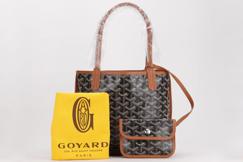 goyard anjou mini tote bag black canvas & brown leather, with dust
