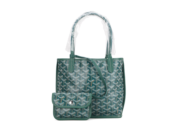GOYARD ANJOU MINI TOTE BAG GREEN LEATHER & GREEN CANVAS, WITH DUST COVER