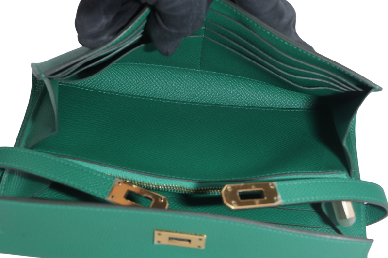 HERMES KELLY WALLET VERT VERTIGO EPSOM LEATHER GOLD HARDWARE STAMP A (YEAR 2017) WITH BOX