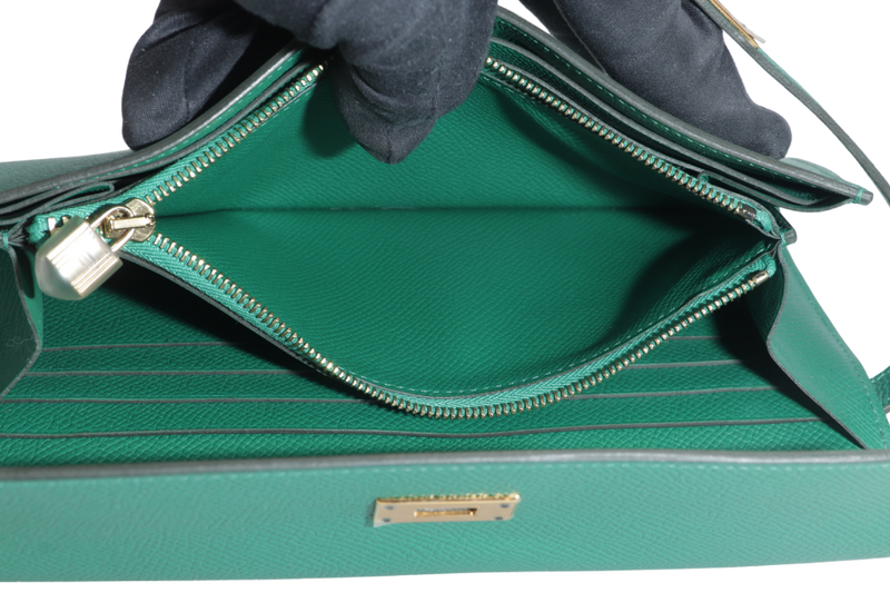HERMES KELLY WALLET VERT VERTIGO EPSOM LEATHER GOLD HARDWARE STAMP A (YEAR 2017) WITH BOX