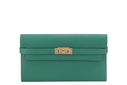 HERMES KELLY WALLET VERT VERTIGO EPSOM LEATHER GOLD HARDWARE STAMP A (YEAR 2017) WITH BOX