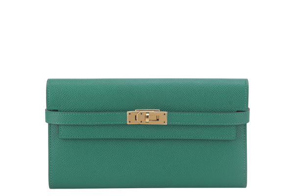 HERMES KELLY WALLET VERT VERTIGO EPSOM LEATHER GOLD HARDWARE STAMP A (YEAR 2017) WITH BOX