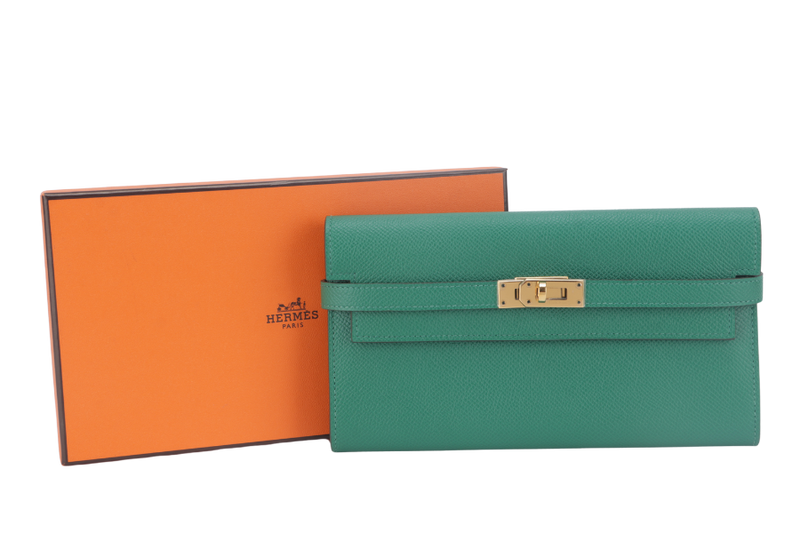 HERMES KELLY WALLET VERT VERTIGO EPSOM LEATHER GOLD HARDWARE STAMP A (YEAR 2017) WITH BOX