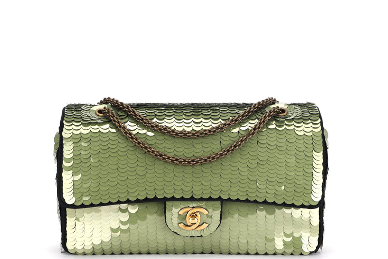 CHANEL GREEN SEQUIN CLASSIC FLAP (1383xxxx) MEDIUM BLACK SATIN GOLD HARDWARE, WITH CARD & DUST COVER