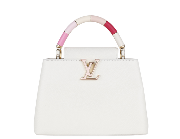 LOUIS VUITTON CAPUCINES BB SNOW WHITE CALFSKIN LEATHER GOLD HARDWARE WITH STRAPS AND DUST COVER