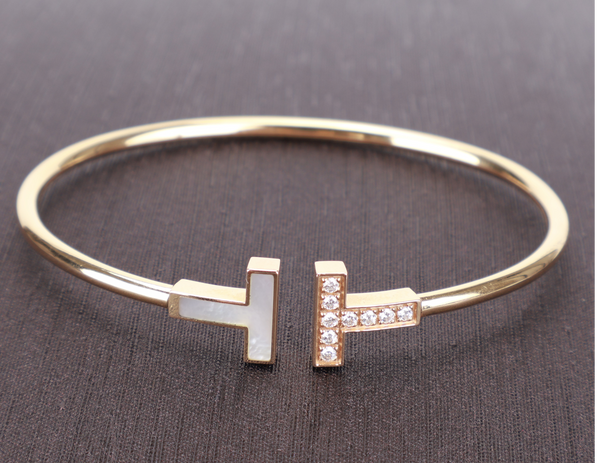 TIFFANY & CO. T WIRE BRACELET MOP WITH PAVED DIAMOND 18K ROSE GOLD 7.7G SIZE 56.5MM WITH BOX