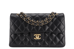 CHANEL CLASSIC FLAP SMALL BLACK LAMBSKIN & GOLD HARDWARE WITH CARD (1547xxxx) WITH DUST COVER AND BOX