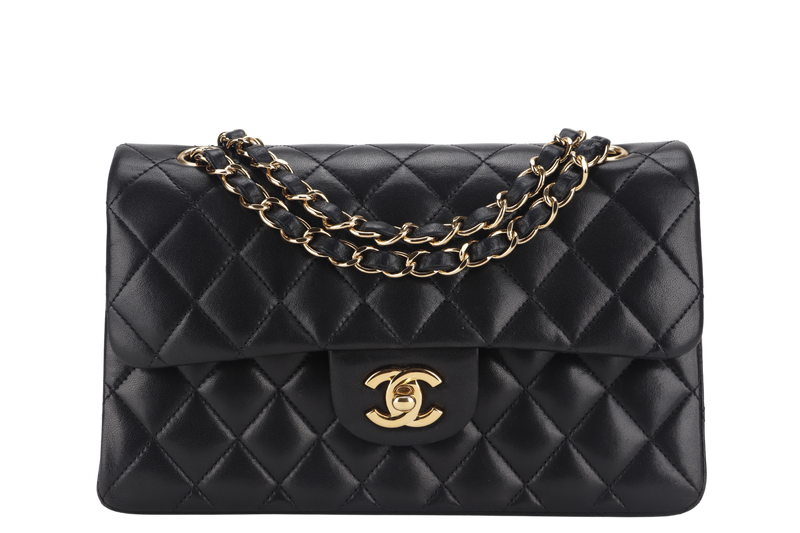 CHANEL CLASSIC FLAP SMALL BLACK LAMBSKIN & GOLD HARDWARE WITH CARD (1547xxxx) WITH DUST COVER AND BOX