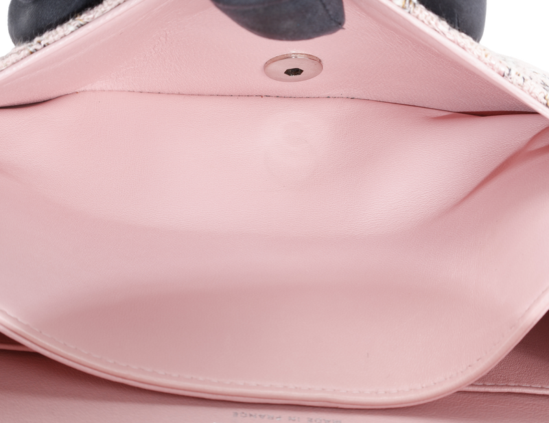 CHANEL CLASSIC FLAP (1004xxxx) MEDIUM PINK TWEED LEATHER SILVER HARDWARE WITH CARD