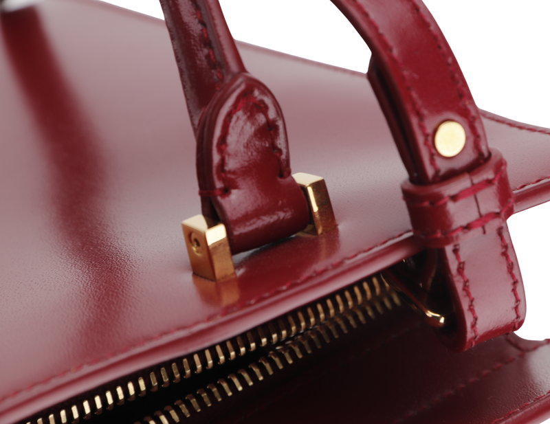 YSL SMALL UPTOWN MAROON BOX LEATHER TOTE, GOLD HARDWARE, WITH STRAP, CARD & DUST COVER
