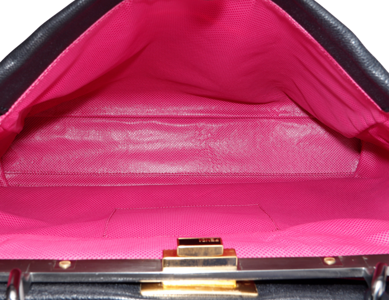 Fendi Peekaboo, Large width 40cm, Black Color Goatskin, Pink Color Inner Lining