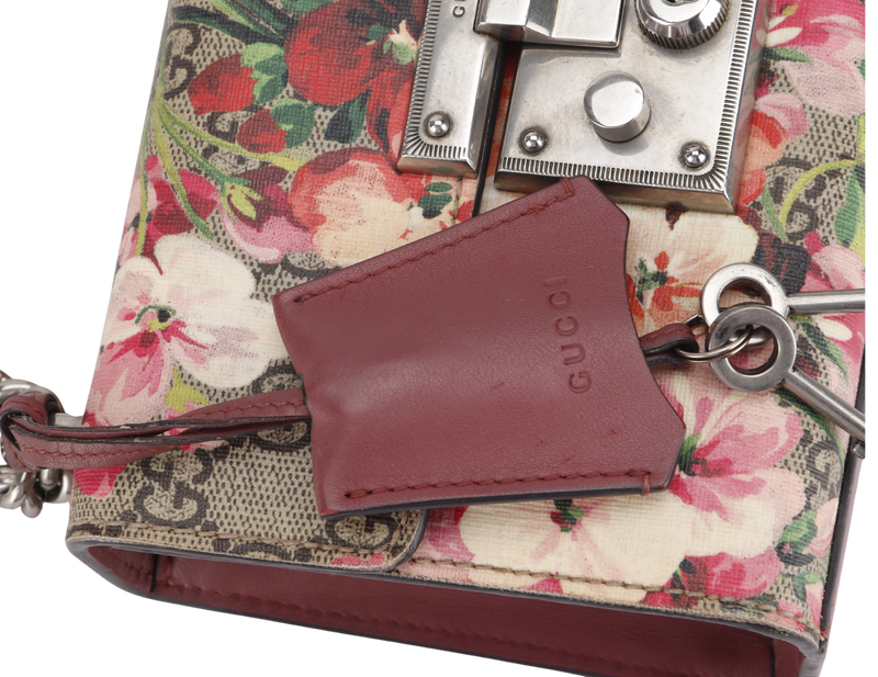 GUCCI 409487 001998 GG SUPREME MONOGRAM BLOOMS MEDIUM PADLOCK BEIGE MULTICOLOR CANVAS SHOULDER BAG, SILVER HARDWARE, WITH DUST COVER & BOX