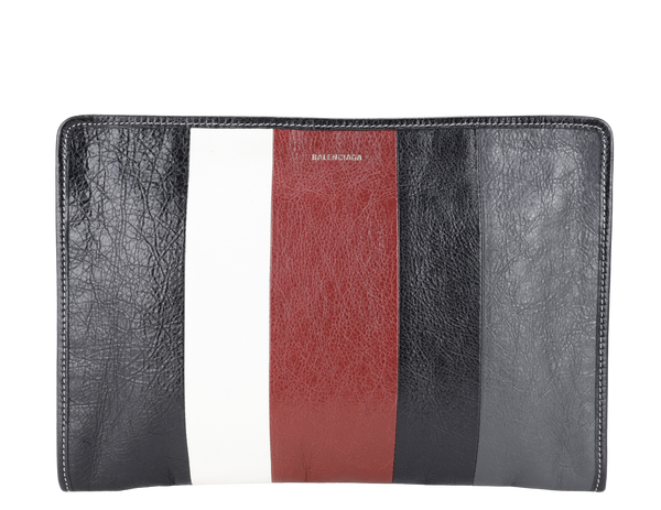 BALENCIAGA STRIPE CLUTCH BLACK, GREY, RED CALF LEATHER SILVER HARDWARE WITH DUST COVER