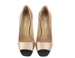 CHANEL OPEN TOE PUMPS BEIGE SATIN LEATHER SIZE 39