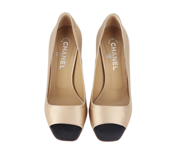 CHANEL OPEN TOE PUMPS BEIGE SATIN LEATHER SIZE 39