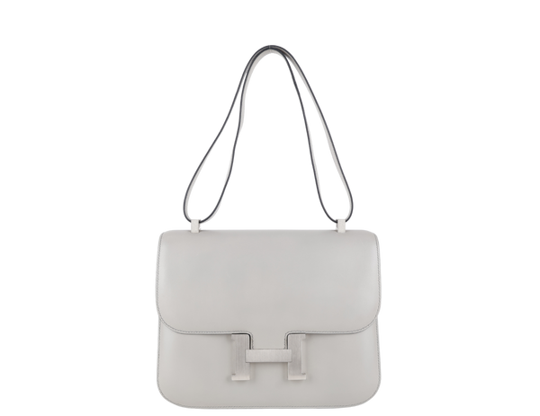 HERMES CONSTANCE 25 GRIS PERLE SWIFT LEATHER BRUSHED SILVER HARDWARE STAMP O (YEAR 2011) WITH DUST COVER AND BOX