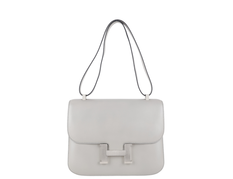 HERMES CONSTANCE 25 GRIS PERLE SWIFT LEATHER BRUSHED SILVER HARDWARE STAMP O (YEAR 2011) WITH DUST COVER AND BOX