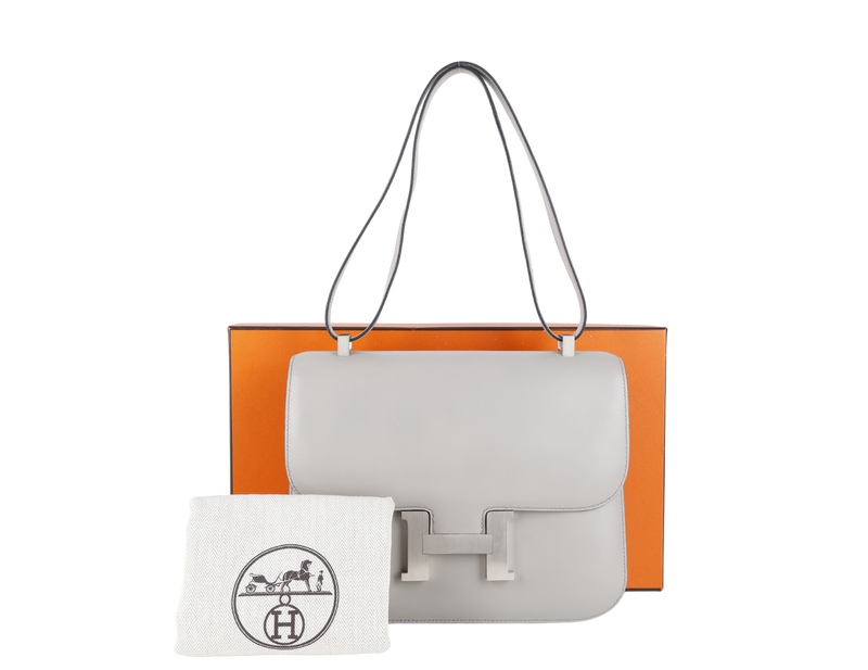 HERMES CONSTANCE 25 GRIS PERLE SWIFT LEATHER BRUSHED SILVER HARDWARE STAMP O (YEAR 2011) WITH DUST COVER AND BOX