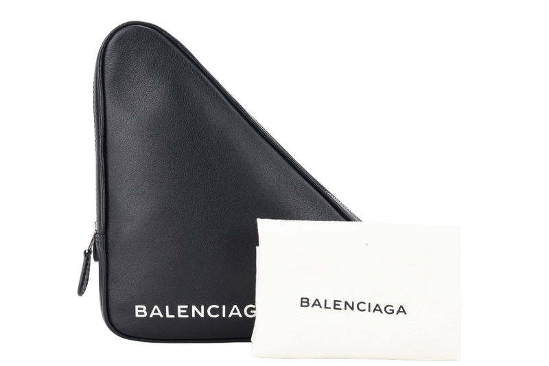 BALENCIAGA TRIANGLE CLUTCH BAG BLACK CALFSKIN SILVER HARDWARE WITH DUST COVER