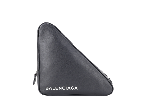 BALENCIAGA TRIANGLE CLUTCH BAG BLACK CALFSKIN SILVER HARDWARE WITH DUST COVER