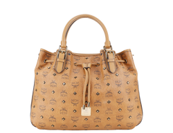 MCM VISETOS TWO WAY BAG BROWN CALFSKIN LEATHER GOLD HARDWARE WITH STRAPS, DUST COVER AND CARD